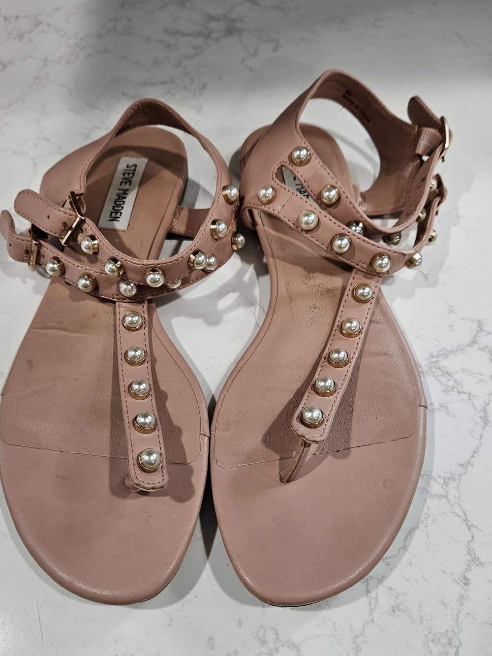 Steve Madden Pink Pearl-Embellished T-Strap Sandals